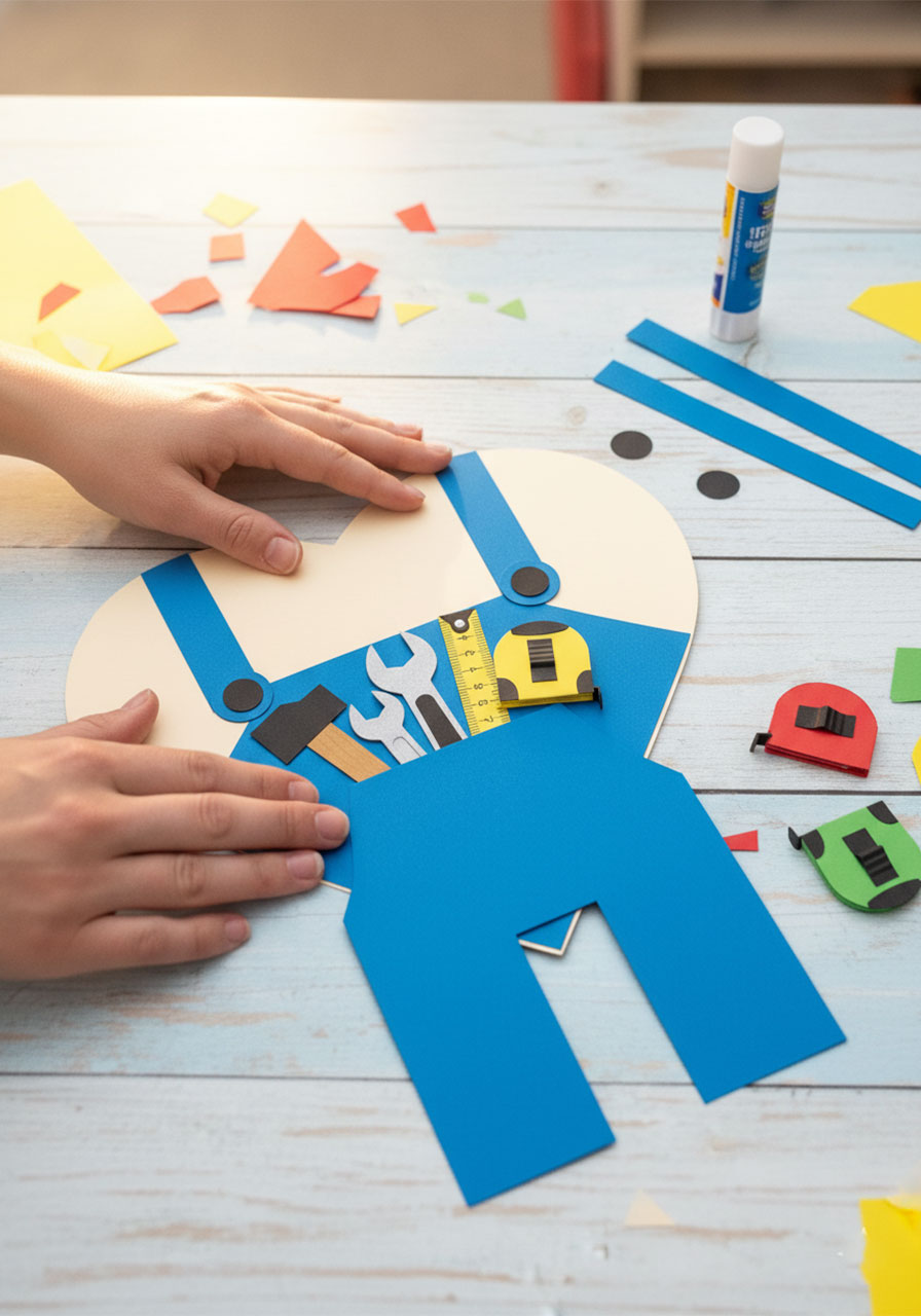 Hands gluing blue paper overalls and diagonal straps onto beige heart card for Father's Day handy dad craft