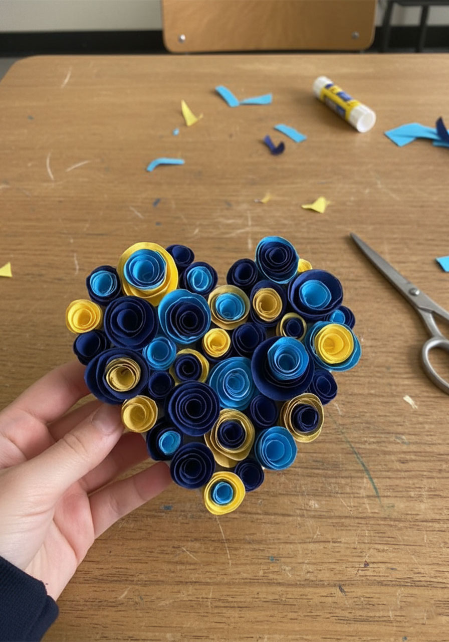 Hands gluing colorful paper roses onto a heart-shaped base — step-by-step DIY paper rose heart bouquet assembly for Father's Day