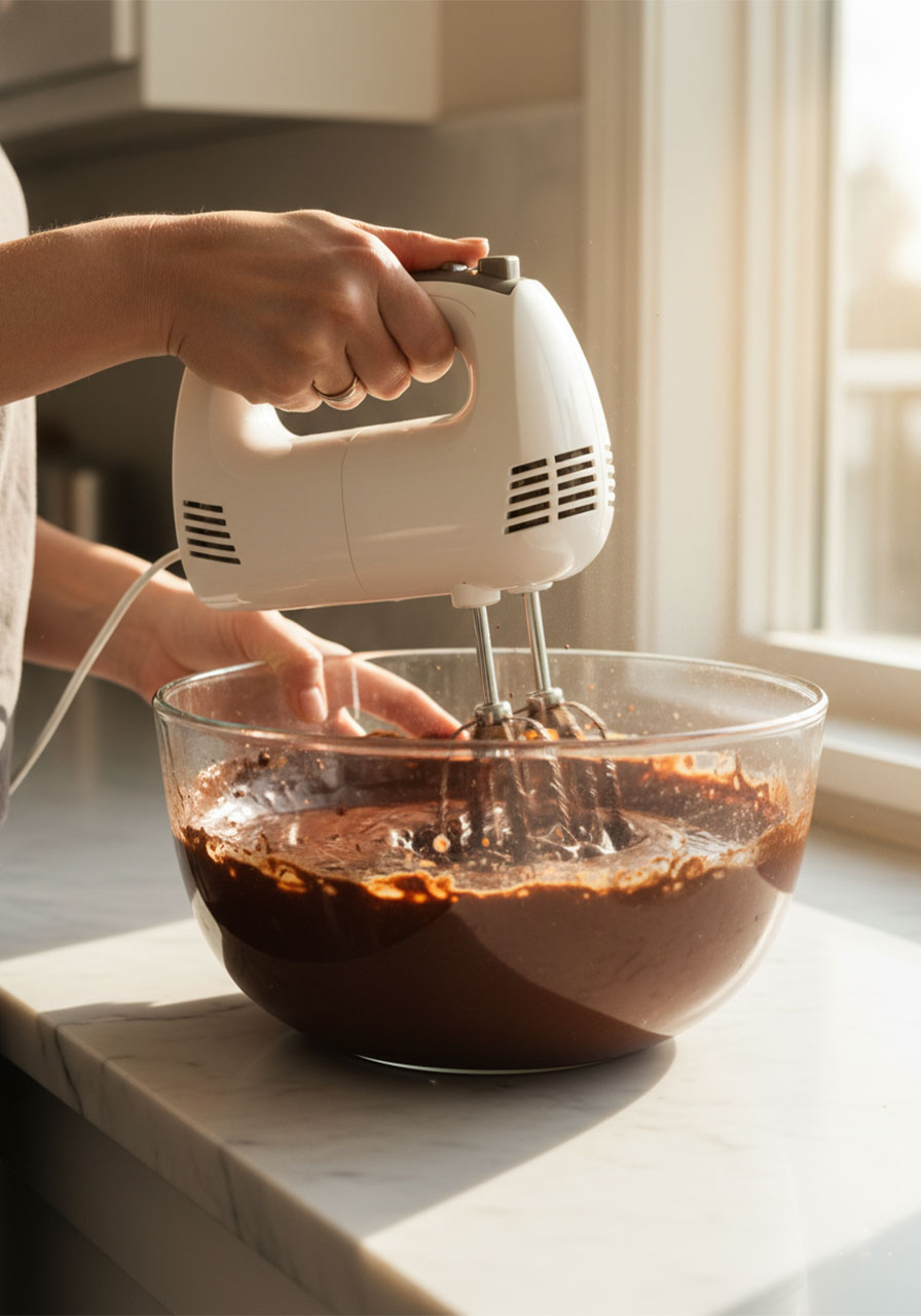 Mixing gluten-free brownie batter in a glass bowl with a hand mixer until glossy and well combined