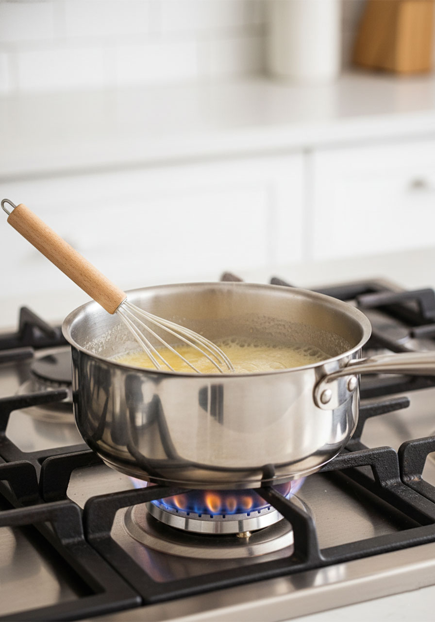 Butter and sugar melting together in a saucepan for gluten-free brownie recipe step 2