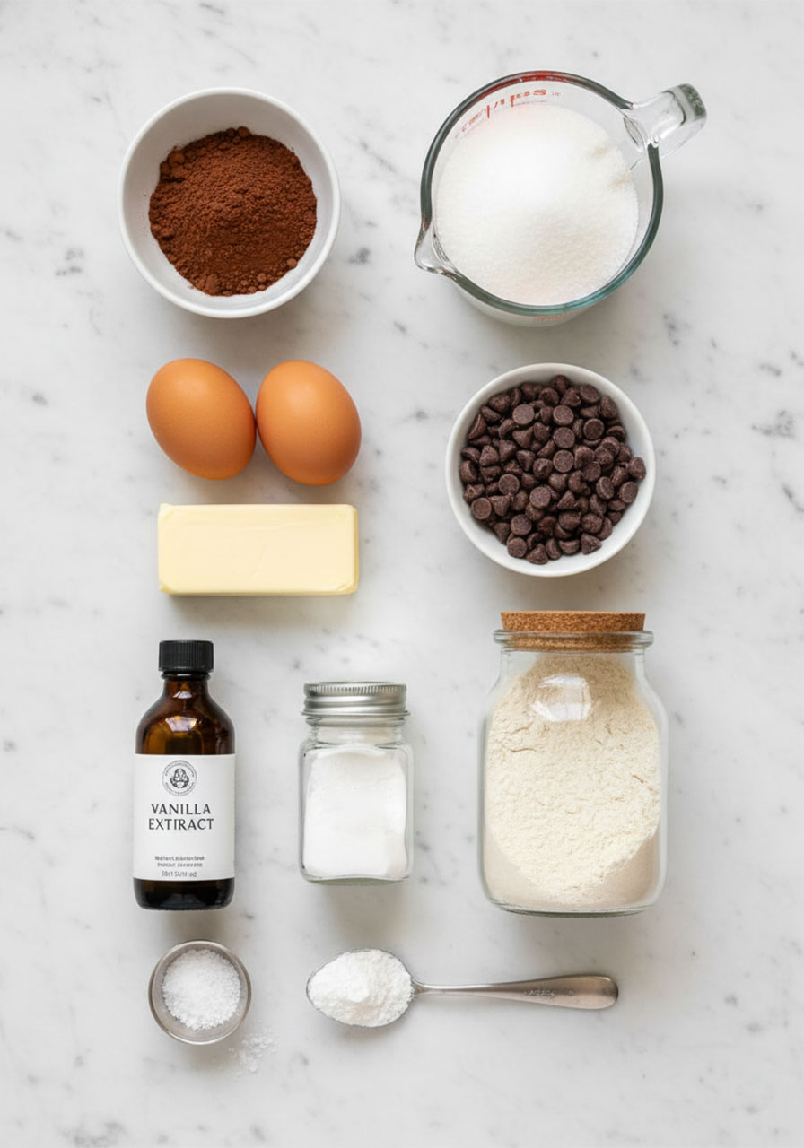 All ingredients needed for quick gluten-free brownies laid out flat on a marble surface including cocoa powder, eggs, butter, and chocolate chips