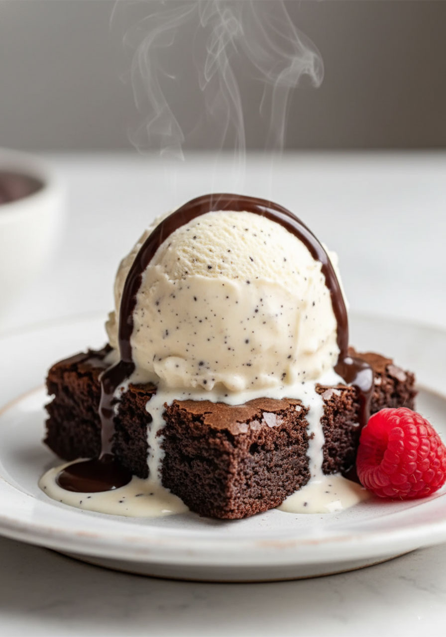 Gluten-free brownie served warm with a scoop of vanilla ice cream melting on top — easy gluten-free dessert idea