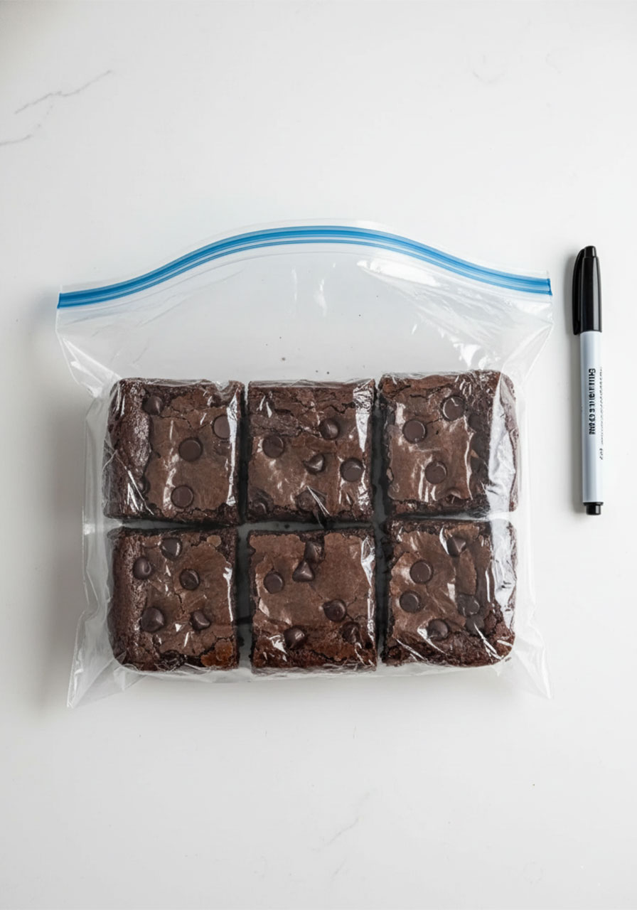 Six gluten-free brownie squares individually wrapped in plastic wrap inside a freezer bag for long-term storage up to 3 months