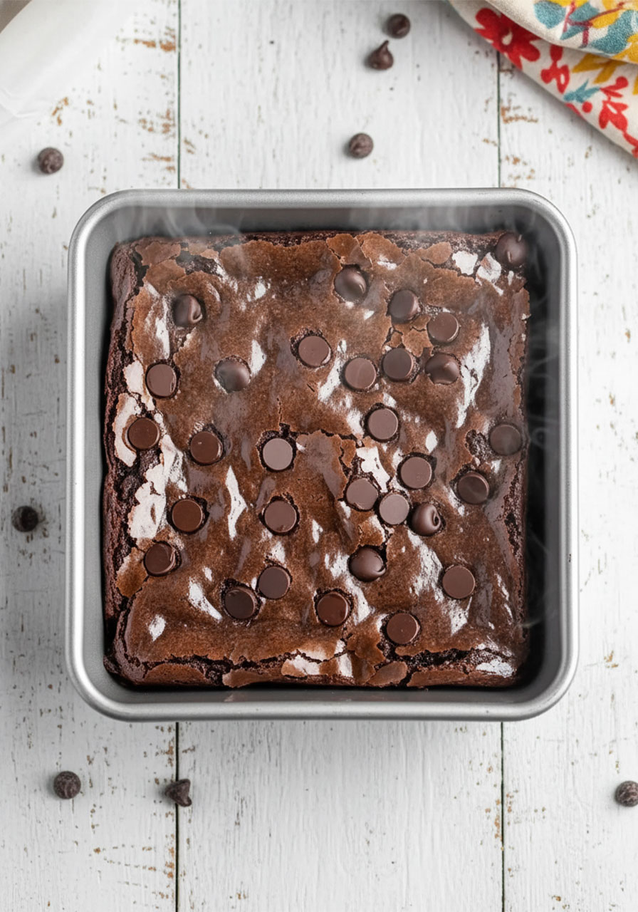 Overhead view of freshly baked easy gluten-free brownies with chocolate chips in an 8-inch silver baking pan