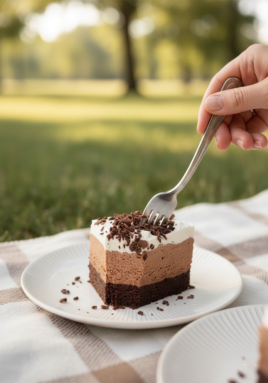 A fork cutting into a slice of rich gluten-free chocolate mousse cake showing all three creamy layers