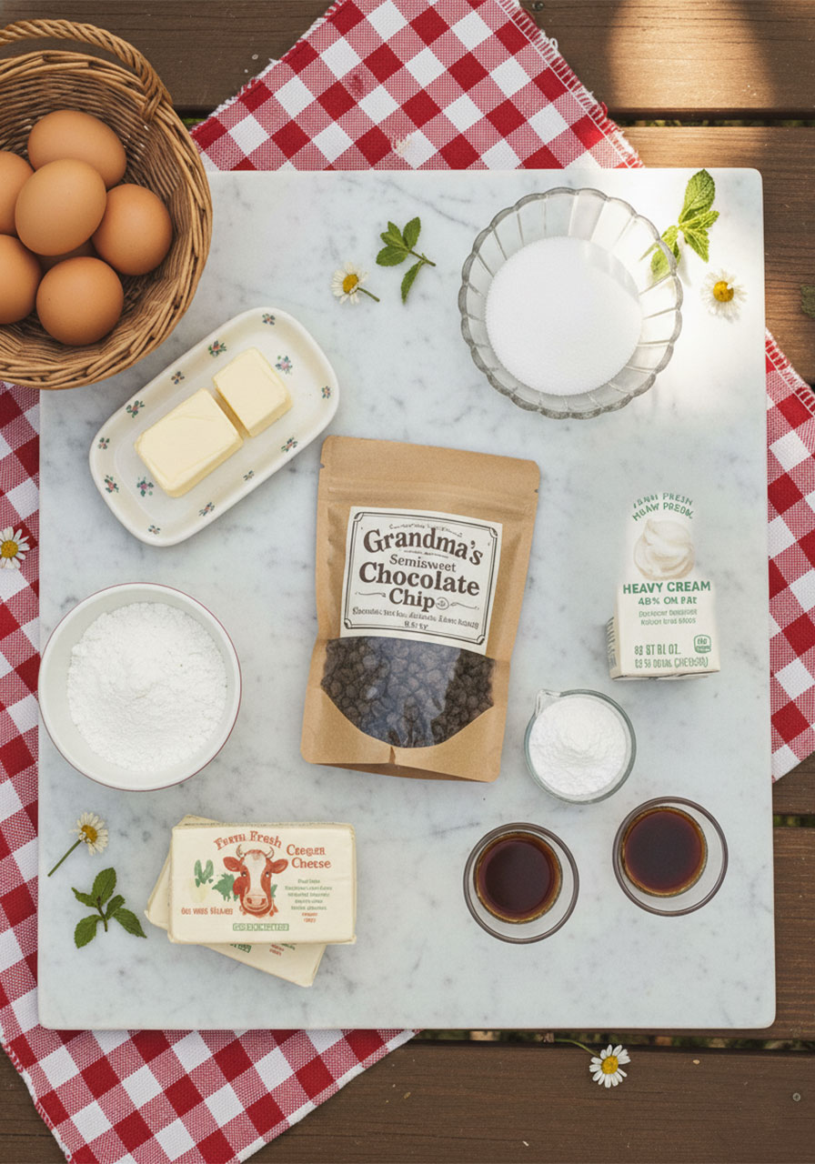 All ingredients for gluten-free chocolate mousse cake laid out flat on white marble including chocolate, cream cheese, heavy cream, and gluten-free flour