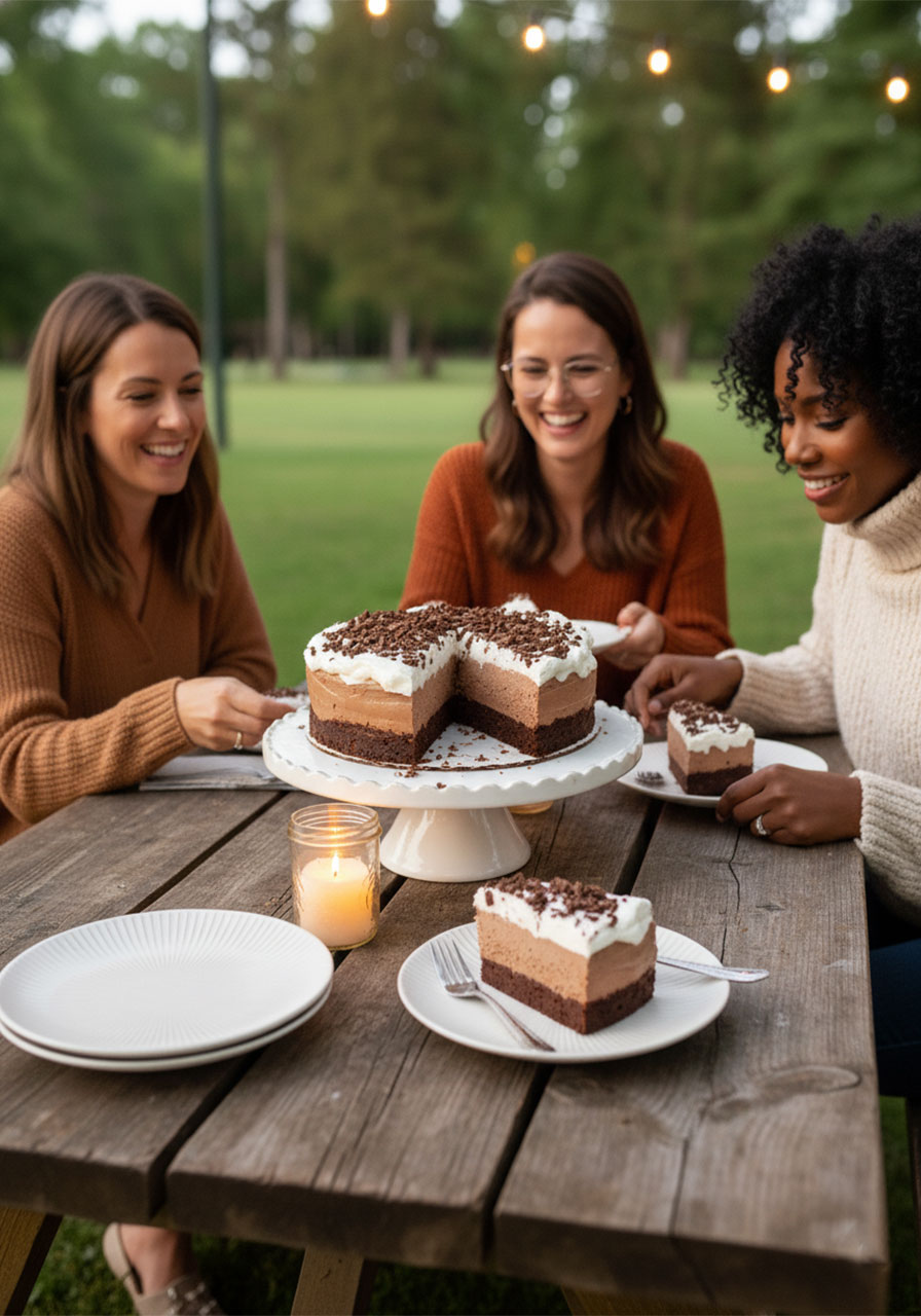 Friends gathering around a table to serve gluten-free chocolate mousse cake at a birthday celebration