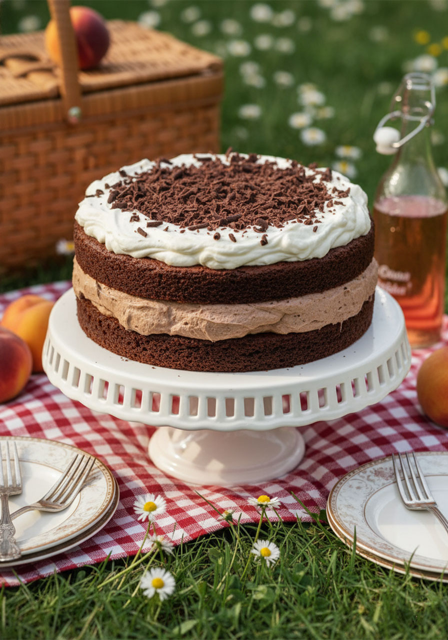 A whole gluten-free chocolate mousse cake on a white cake stand topped with whipped cream and chocolate shavings