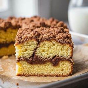 Close-up cross-section of gluten free cinnamon coffee cake slice showing double cinnamon sugar swirl inside soft almond flour cake
