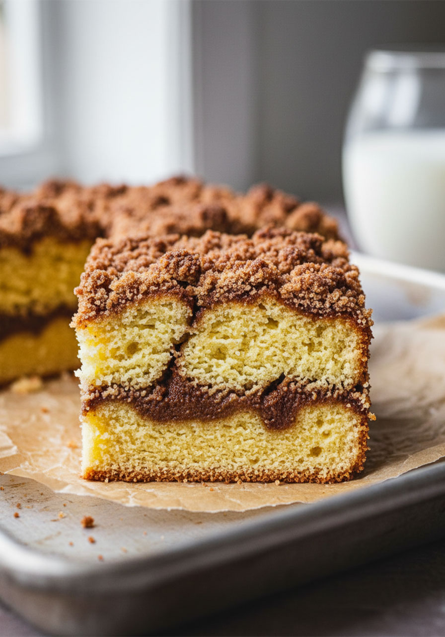 Close-up cross-section of gluten free cinnamon coffee cake slice showing double cinnamon sugar swirl inside soft almond flour cake