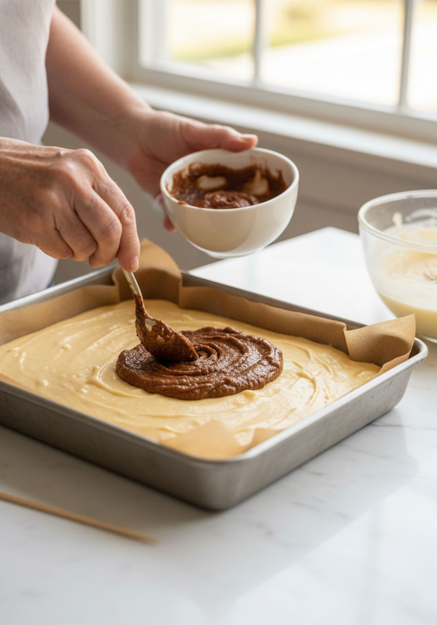Hands spooning cinnamon sugar filling over gluten free coffee cake batter in parchment-lined baking dish during assembly