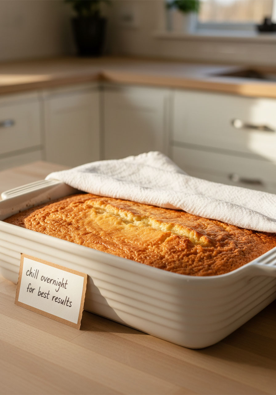 Gluten-free French butter cake cooling on counter covered with flour sack towel for overnight storage tip