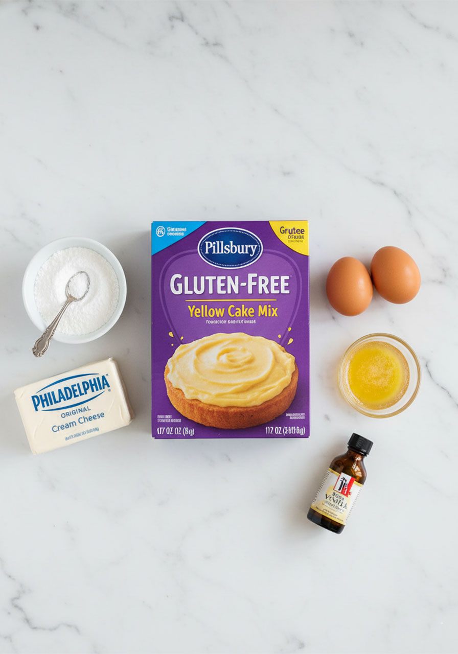 Ingredients for gluten-free French butter cake including Pillsbury GF cake mix, cream cheese, eggs, butter, and powdered sugar