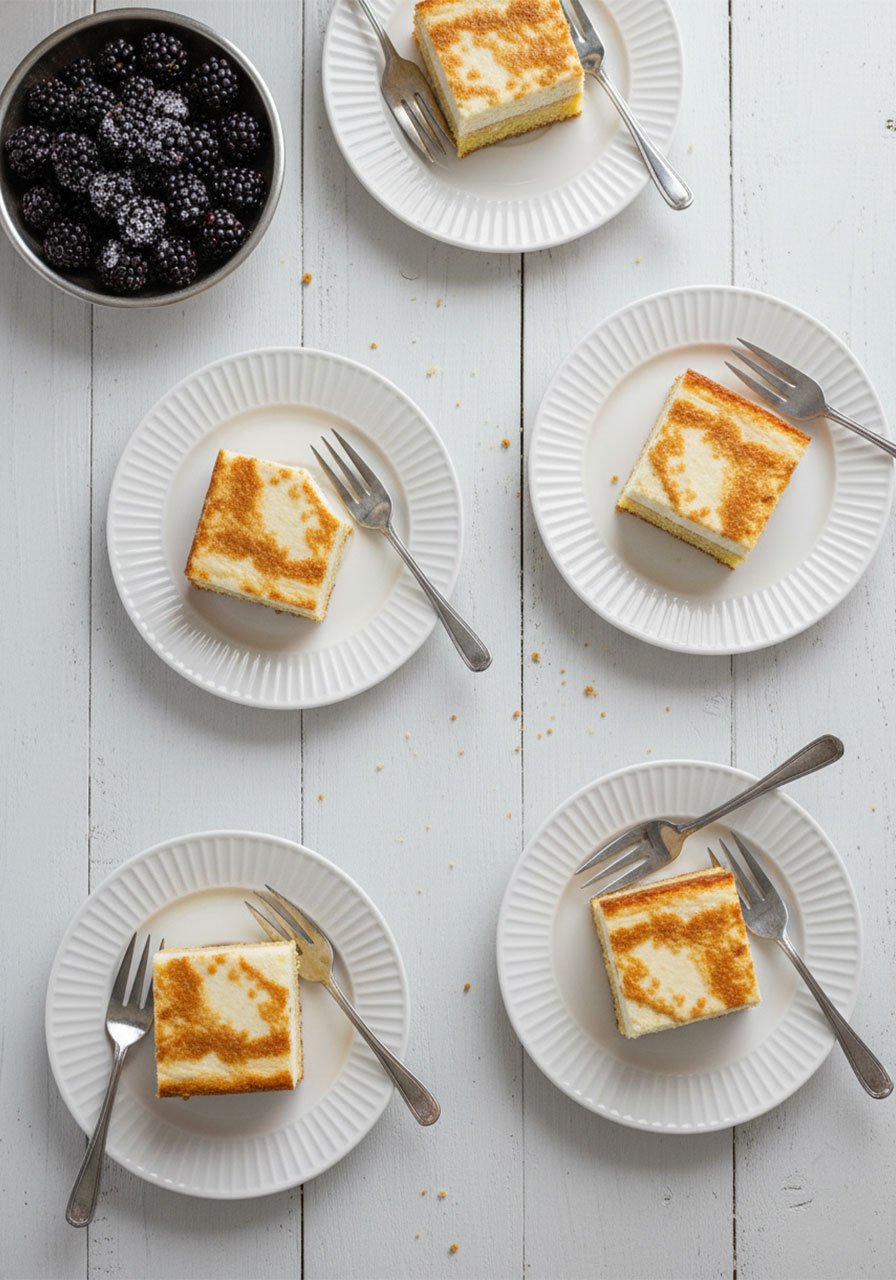 Overhead view of four gluten-free French butter cake slices on white plates with fresh blackberries for party serving