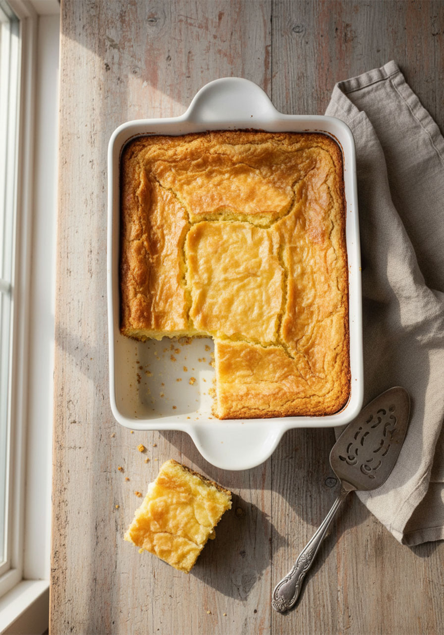 Gluten-free French butter cake freshly baked in a white ceramic dish with golden crackled top