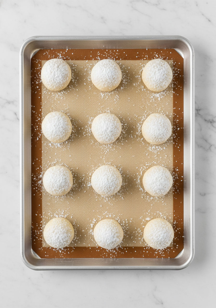 12 powdered sugar-coated gluten-free lemon cookie dough balls arranged in rows on a silicone-lined baking sheet, spaced 2.5 inches apart before baking