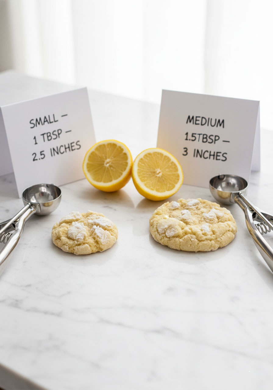 Side-by-side size comparison of small and medium gluten-free lemon crinkle cookies next to their corresponding cookie scoops, showing 2.5-inch and 3-inch diameters
