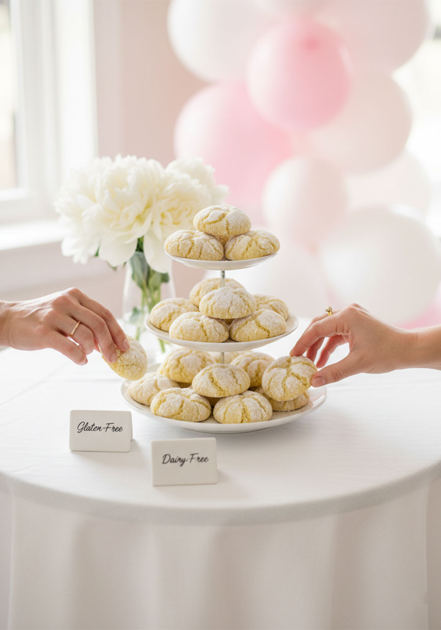 Gluten-free lemon crinkle cookies displayed on a white tiered stand at a bridal shower dessert table with guests reaching for cookies