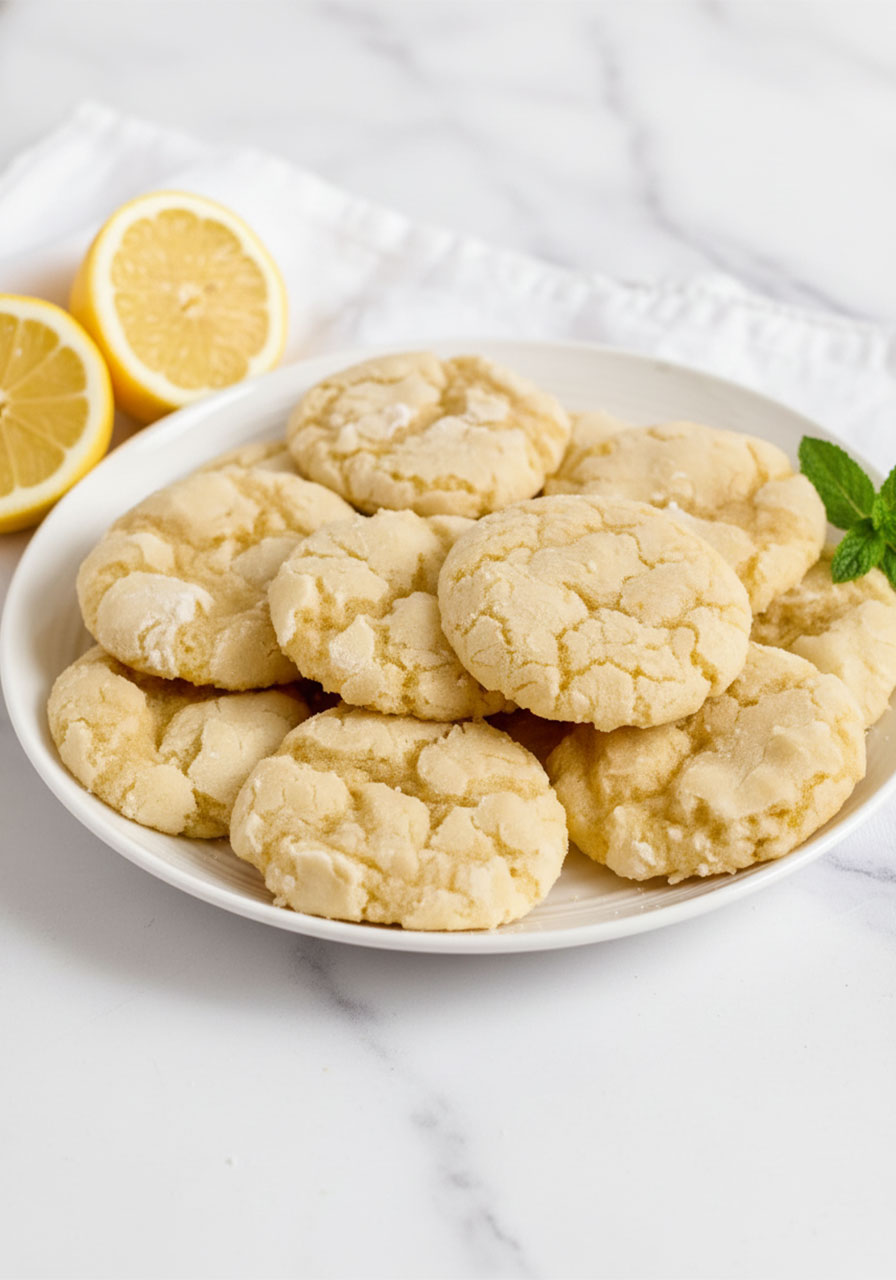 A white plate piled with golden gluten-free lemon crinkle cookies dusted with powdered sugar, garnished with fresh lemon halves