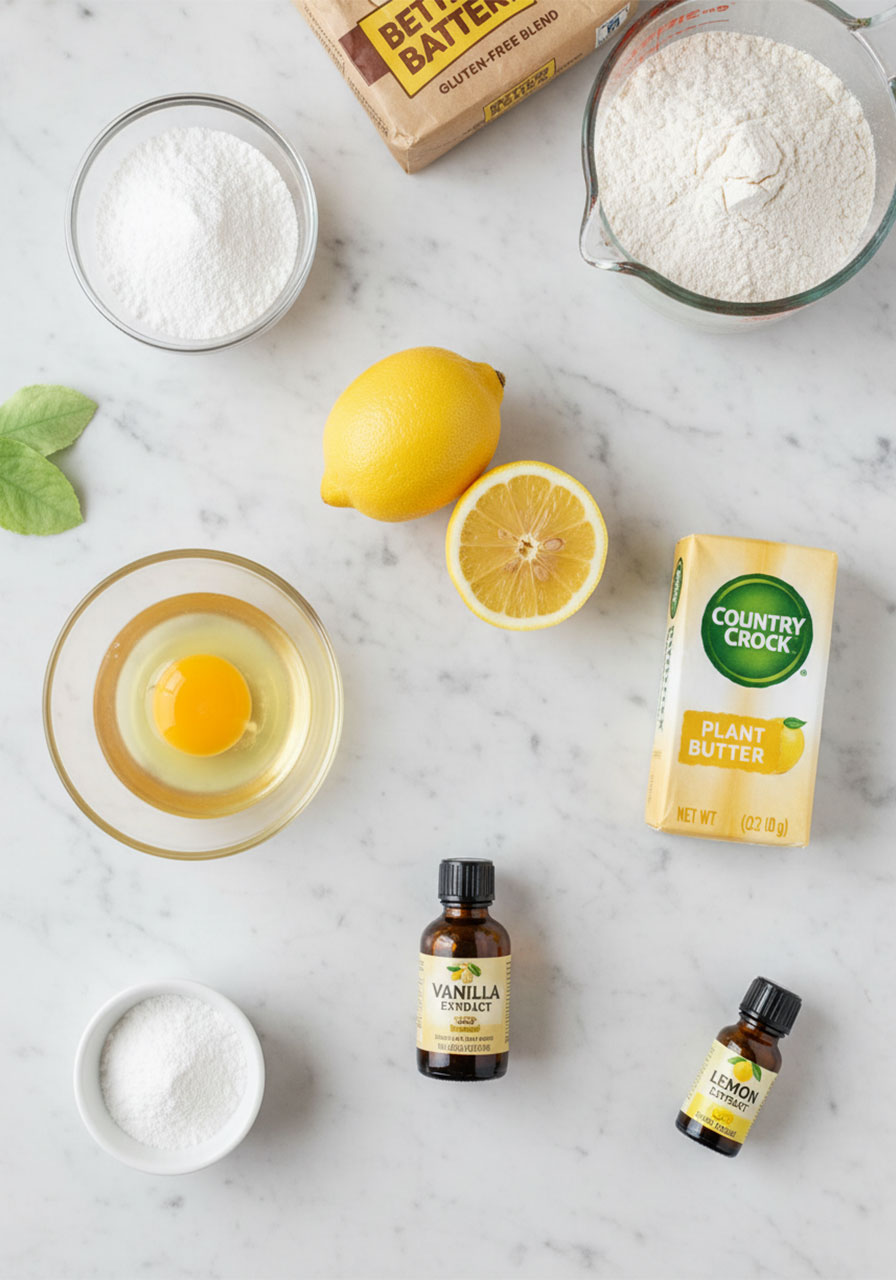 Overhead flat lay of all gluten-free lemon crinkle cookie ingredients including dairy-free butter, GF flour, fresh lemon, eggs, and powdered sugar on white marble