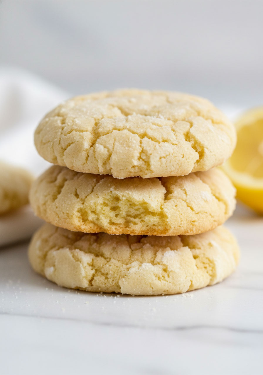 Close-up macro shot of stacked gluten-free lemon crinkle cookies showing the soft chewy interior and powdered sugar crinkle crack texture on top
