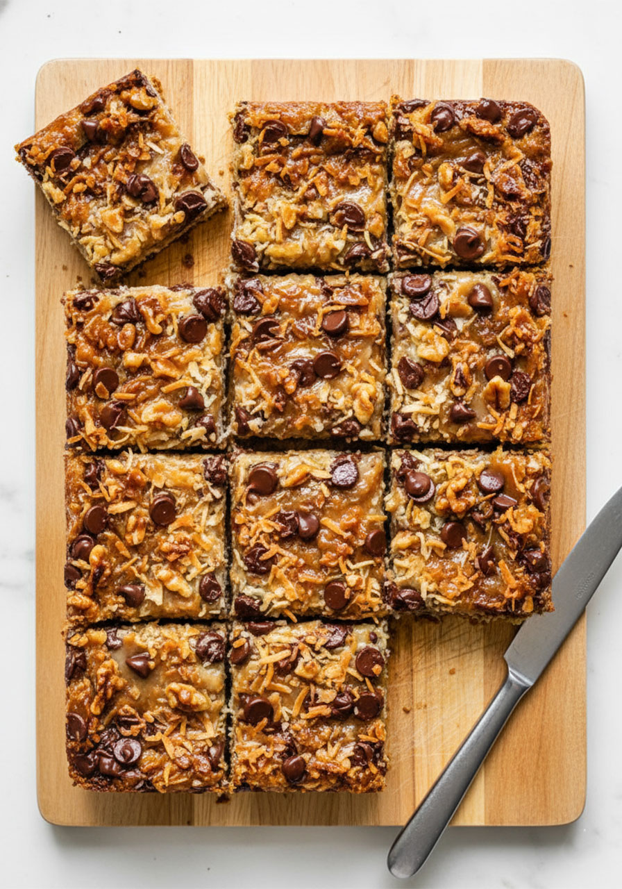 Nine cut gluten free magic cookie bars arranged in grid overhead view showing chocolate chip coconut walnut topping