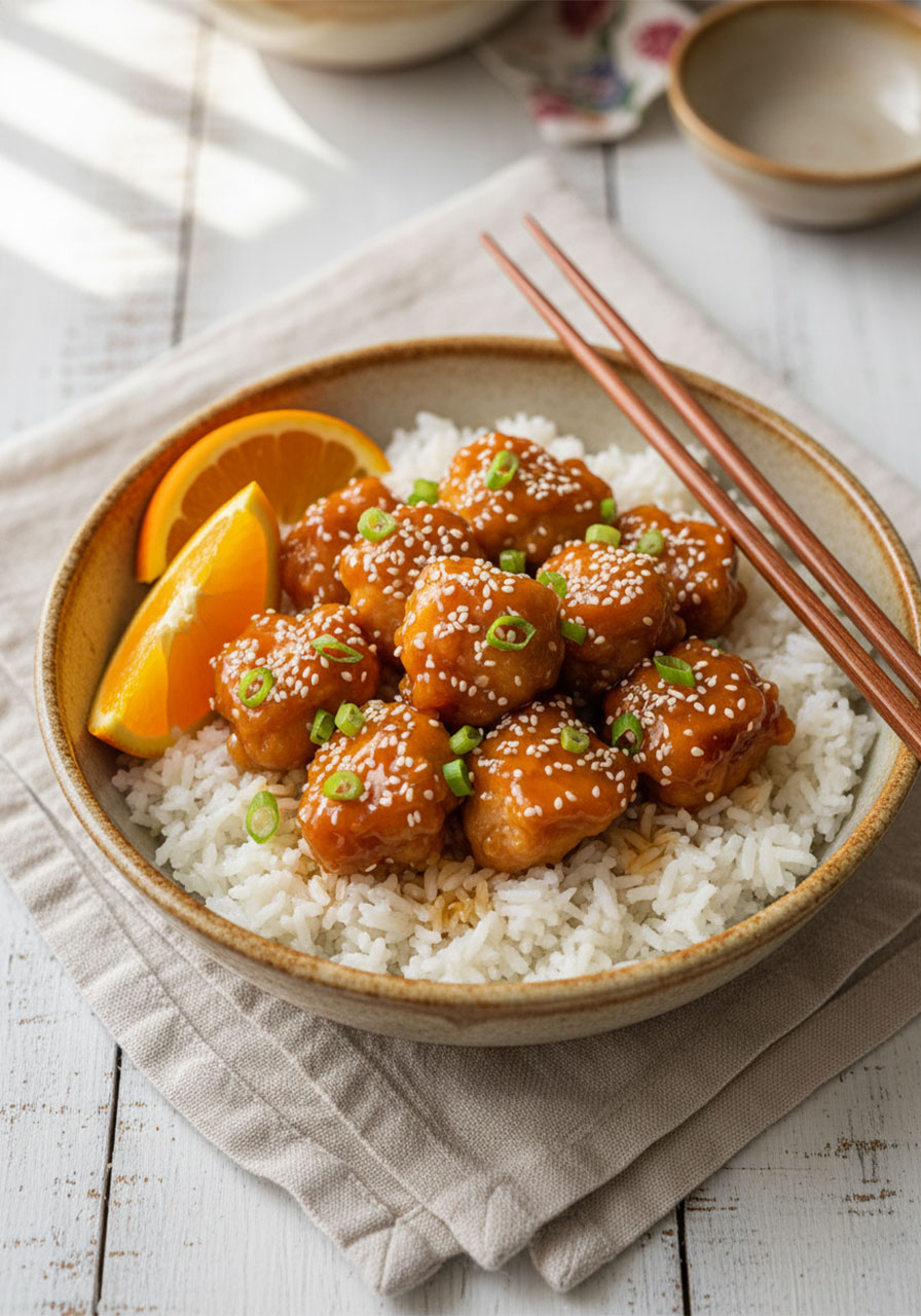 Gluten free orange chicken with sticky orange sauce served over jasmine rice in a ceramic bowl with green onions and sesame seeds