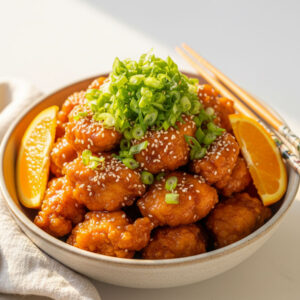 Gluten free orange chicken healthy takeout style dinner in a bowl with glossy orange sauce, green onions, sesame seeds, and fresh orange