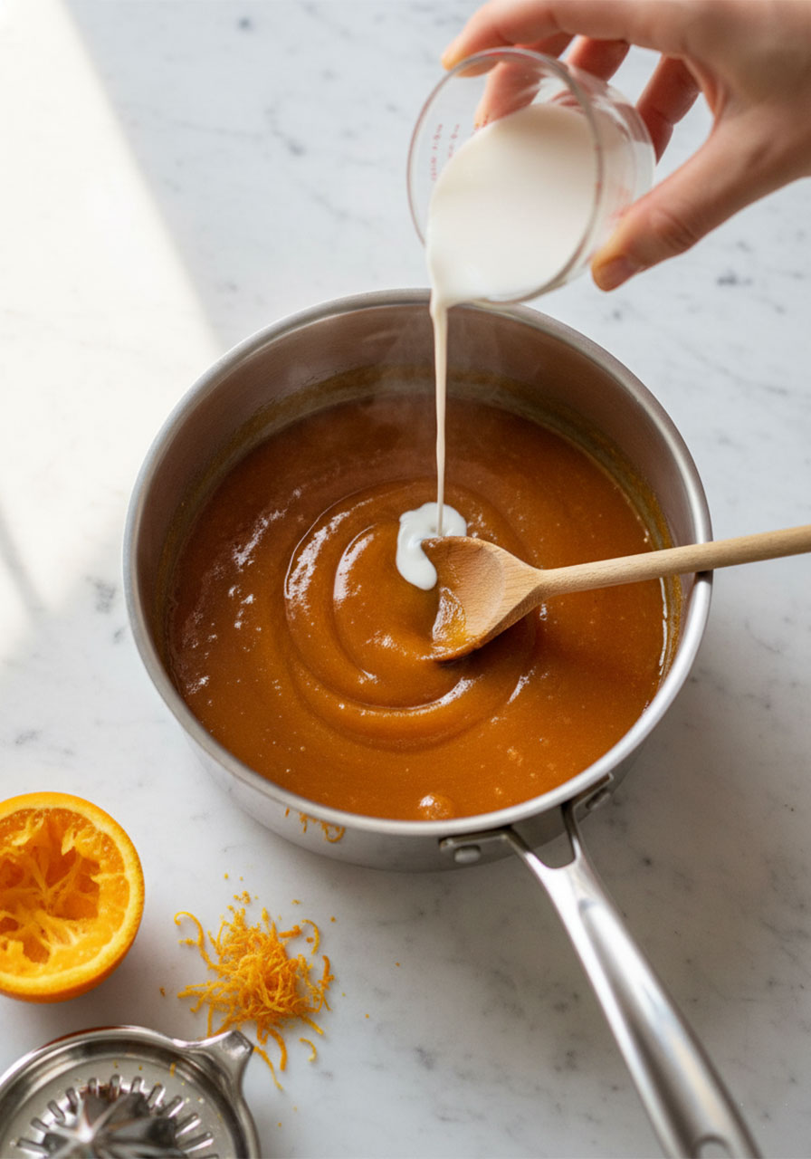 Making glossy homemade orange sauce for gluten free orange chicken with fresh orange juice, garlic, ginger, and honey in a saucepan