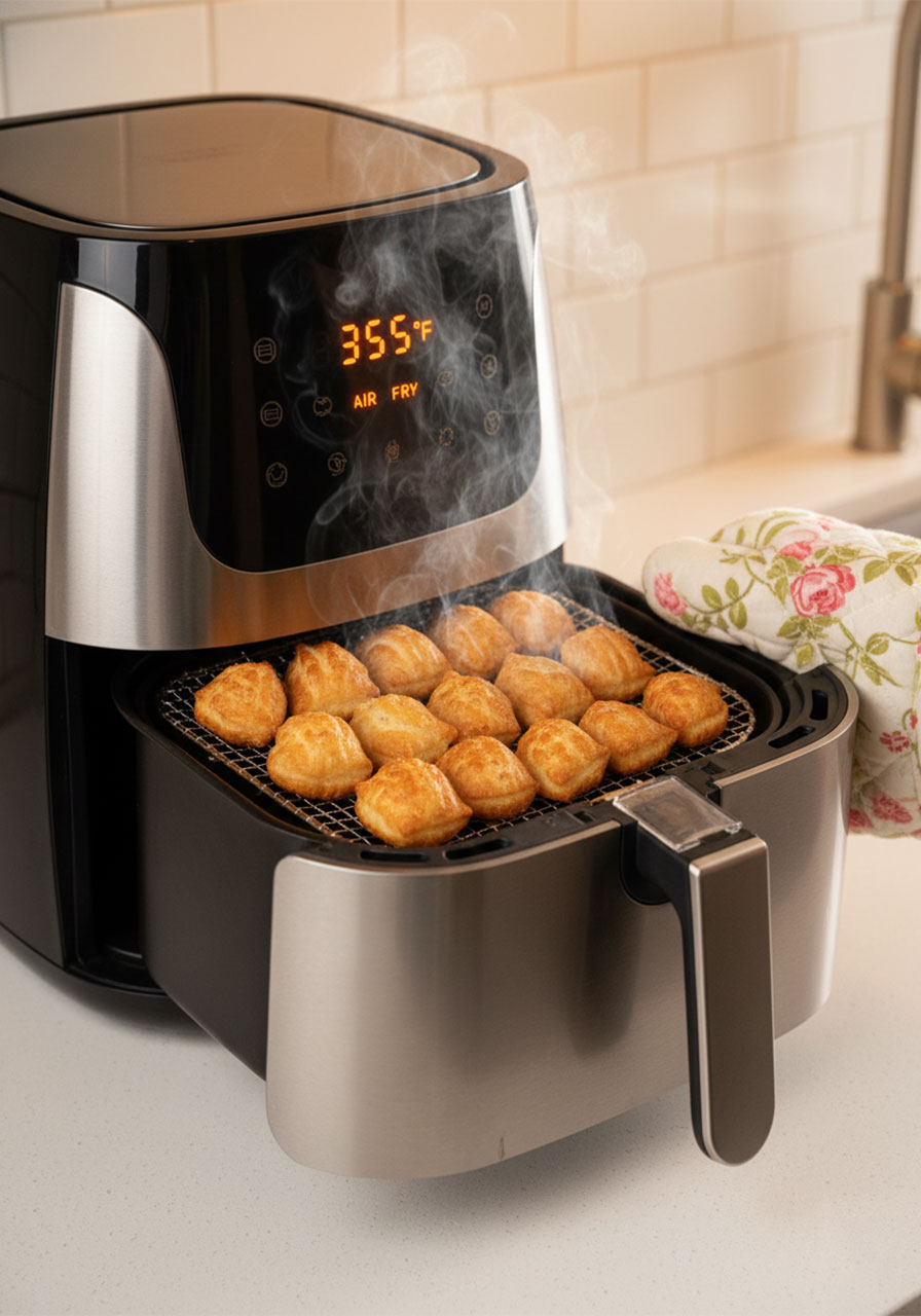 Golden brown crispy churro bites fresh out of the air fryer at 375°F ready for cinnamon sugar coating