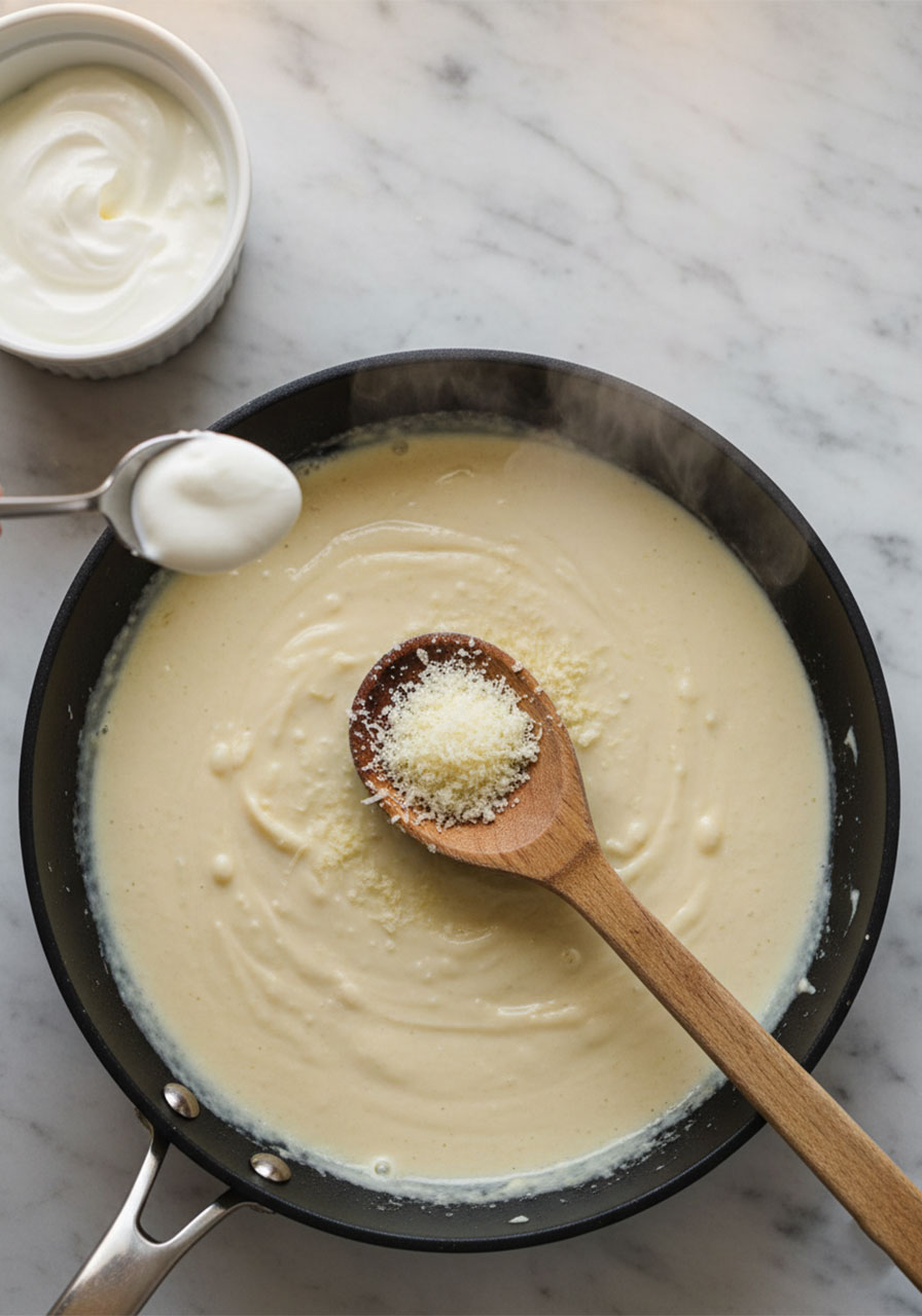 Greek yogurt and freshly grated Parmesan being added to creamy garlic sauce in a skillet for healthy chicken pasta