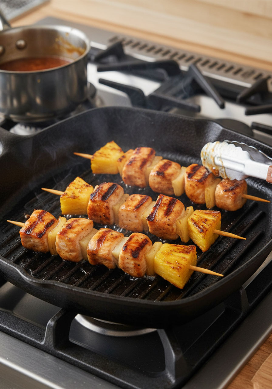 Pineapple chicken kabobs sizzling on a cast iron grill pan with caramelized glaze and grill marks