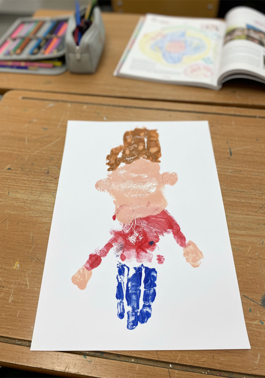 Child doing the flip stamp technique on upside-down paper to create the head and hair for the handprint Mini-Me Dad Father's Day craft, Step 4