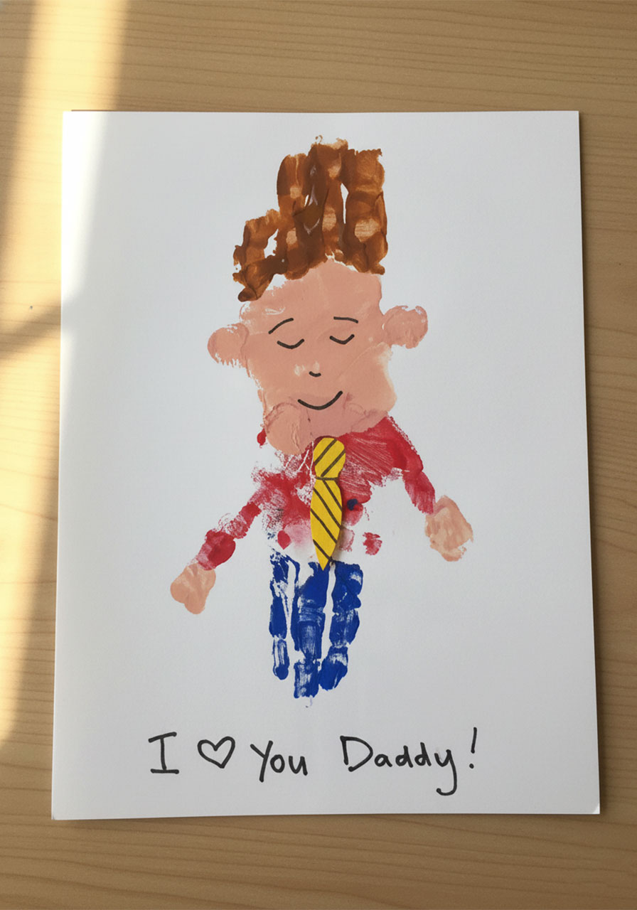 Completed handprint Mini-Me Dad painting on white cardstock, a cute DIY Father's Day keepsake made by a child with tempera paint and a yellow paper tie
