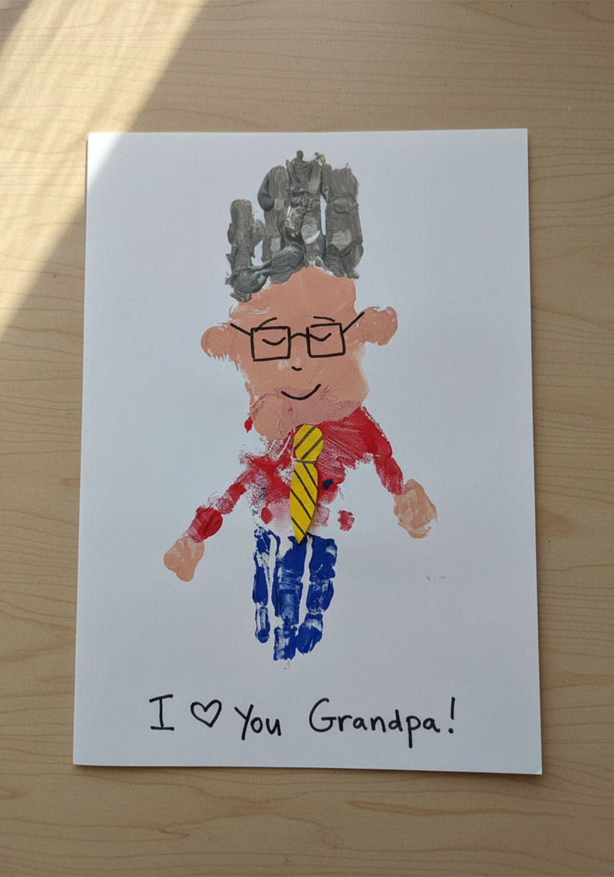 Handprint Mini-Me Grandpa Father's Day keepsake variation with gray hair and glasses, made with the same handprint painting technique as the Mini-Me Dad craft, inscribed "I Love You Grandpa"