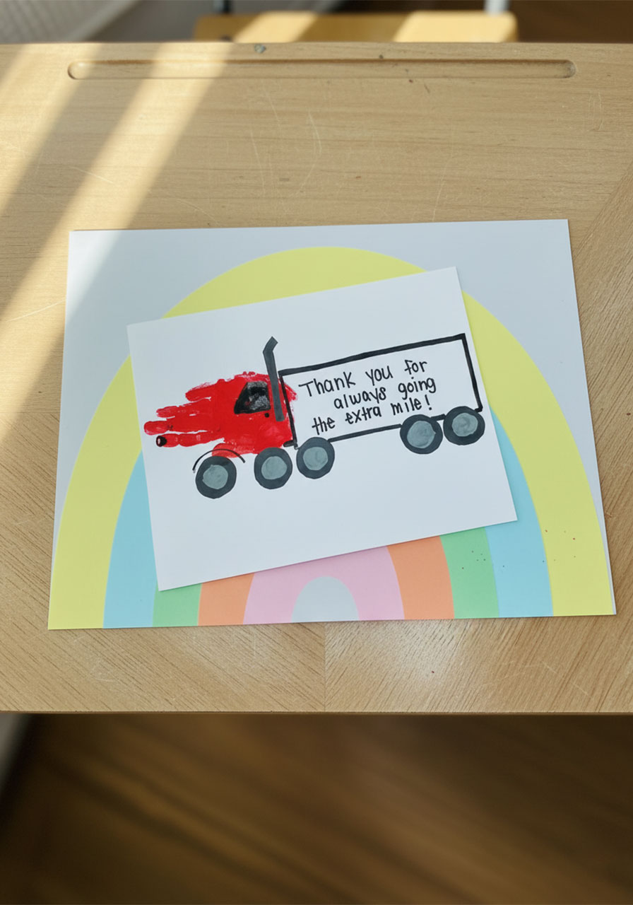 Finished DIY handprint semi-truck Father's Day card with "Thank you for always going the extra mile" message in black marker