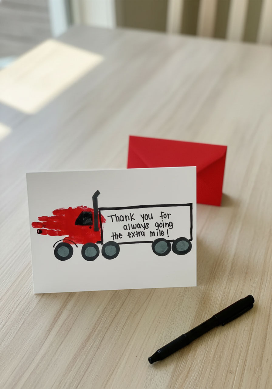 Folded white cardstock greeting card with completed red handprint semi-truck on front and handwritten Father's Day message inside