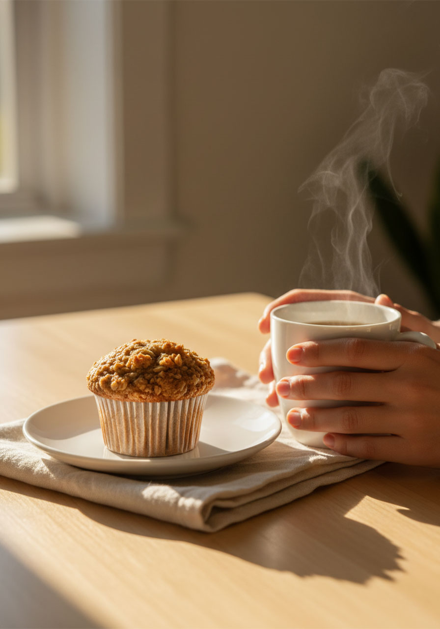 Healthy banana oatmeal muffin as a clean eating breakfast snack next to morning coffee on a wooden table