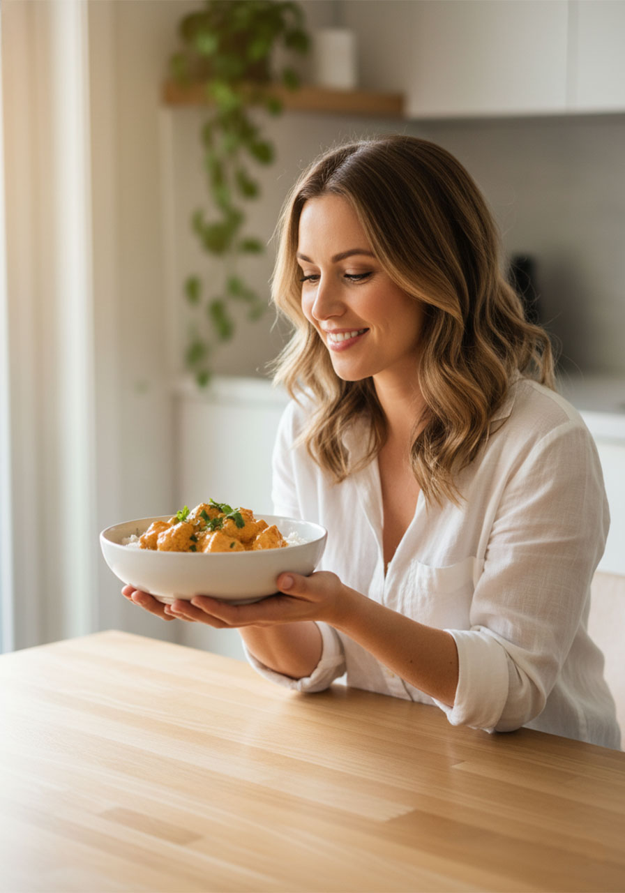 Happy woman holding a nourishing coconut chicken rice bowl at a bright dining table for a healthy weeknight dinner