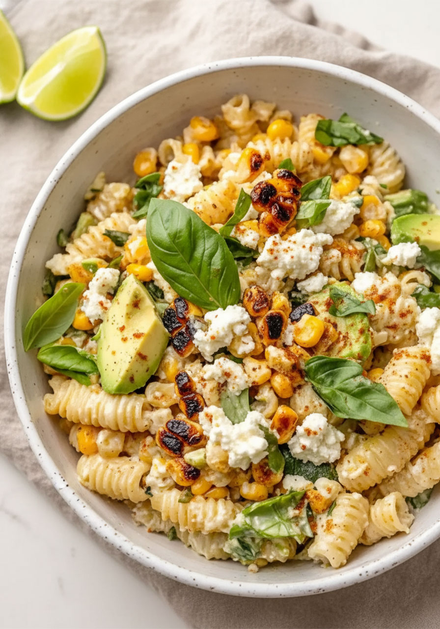 Healthy street corn pasta salad in a white ceramic bowl topped with charred corn, Cotija cheese, avocado, and fresh herbs — easy party side dish