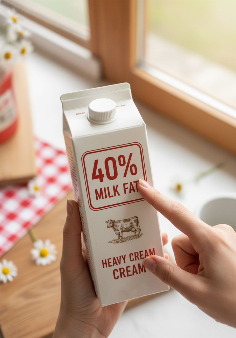 Hand pointing to 40% milk fat label on heavy cream carton for gluten-free chocolate mousse cake tip