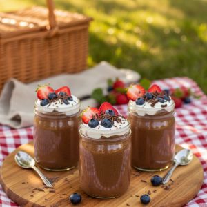 Three glass jars of high protein chocolate pudding topped with fresh strawberries, blueberries, and whipped cream on a wooden board