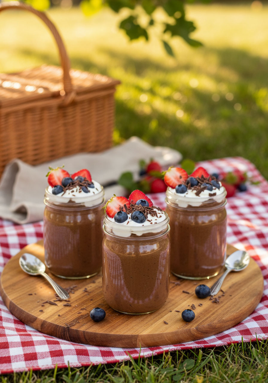 Three glass jars of high protein chocolate pudding topped with fresh strawberries, blueberries, and whipped cream on a wooden board