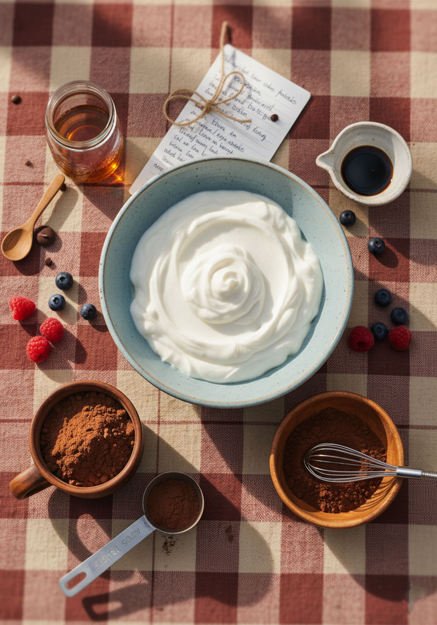 Five ingredients for high protein chocolate pudding including Greek yogurt, chocolate protein powder, cocoa powder, maple syrup, and vanilla extract laid flat on a pink surface