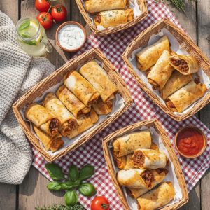 High protein pepperoni pizza rolls ready to cook shown side by side in an air fryer basket and on an oven baking tray