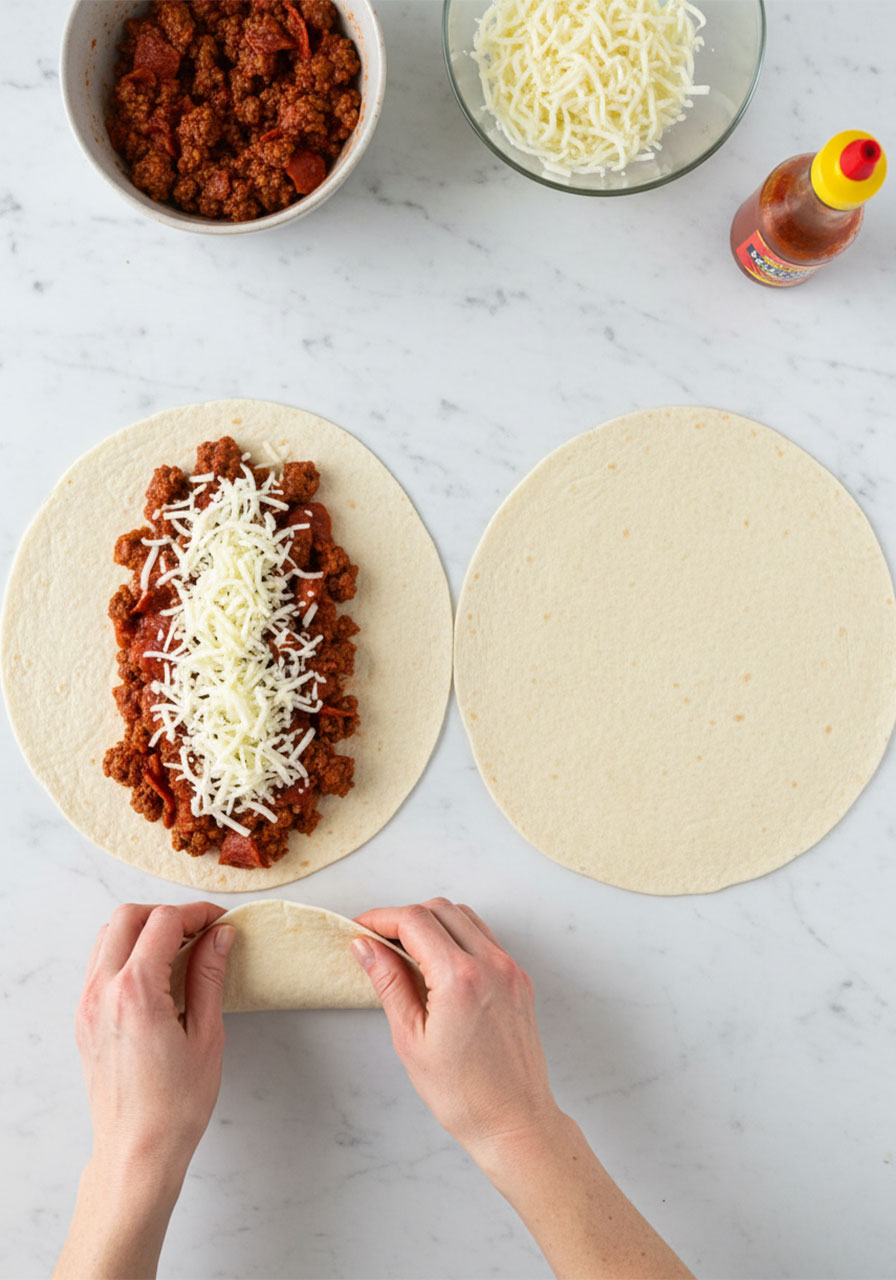 Step-by-step assembly of high protein pepperoni pizza rolls being filled with beef, pepperoni, and mozzarella then wrapped