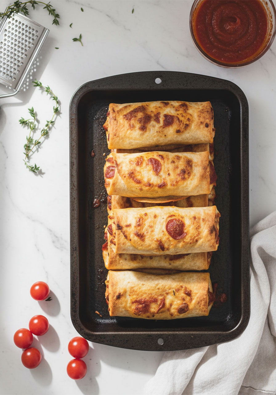 Golden high protein pepperoni pizza rolls stacked in a dark baking tray with marinara dipping sauce and fresh tomatoes