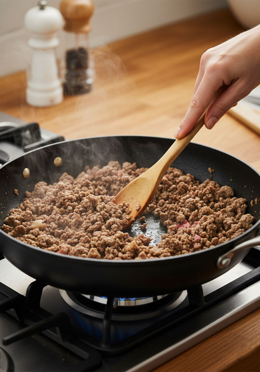 Woman's hand stirring lean ground beef browning in a skillet for high protein pepperoni pizza rolls filling
