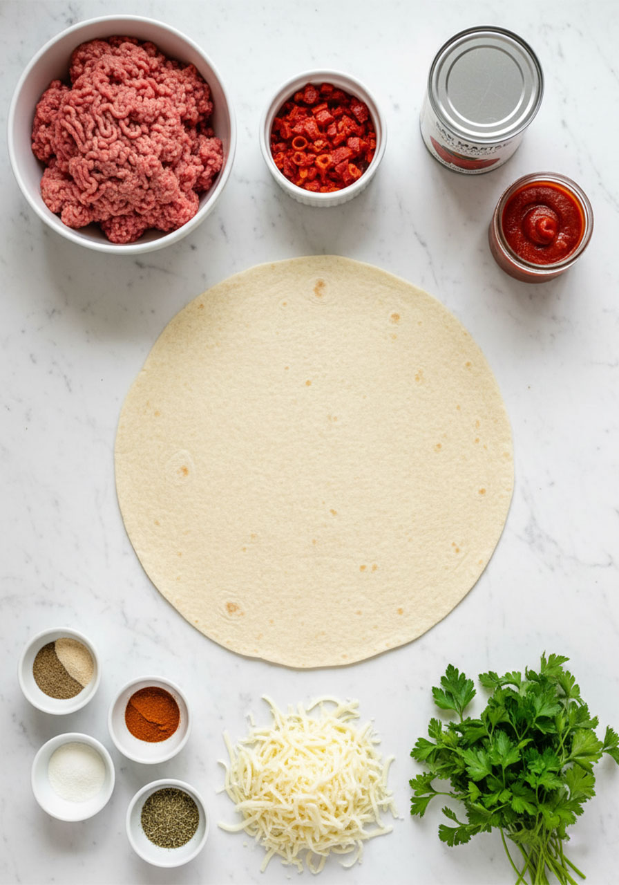 Flat lay of all ingredients for high protein pepperoni pizza rolls including ground beef, pepperoni, mozzarella, spices, and wraps