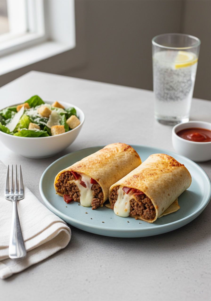 High protein pepperoni pizza rolls served sliced on a plate with Caesar salad and marinara dipping sauce as a complete meal